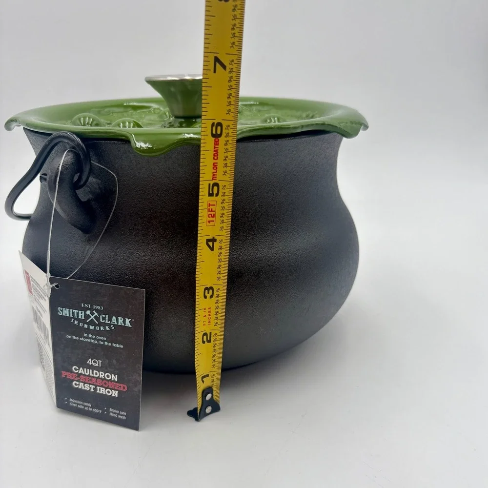 Smith & Clark 4QT Cast Iron Cauldron Witches Brew Bubbling Lid Green Halloween